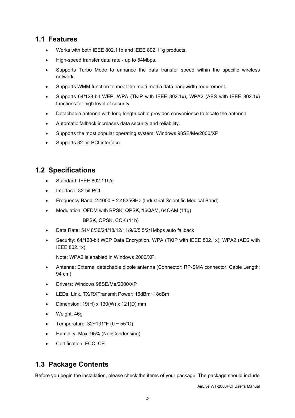 1 features, 2 specifications, 3 package contents | AirLive WT-2000PCI User Manual | Page 6 / 35