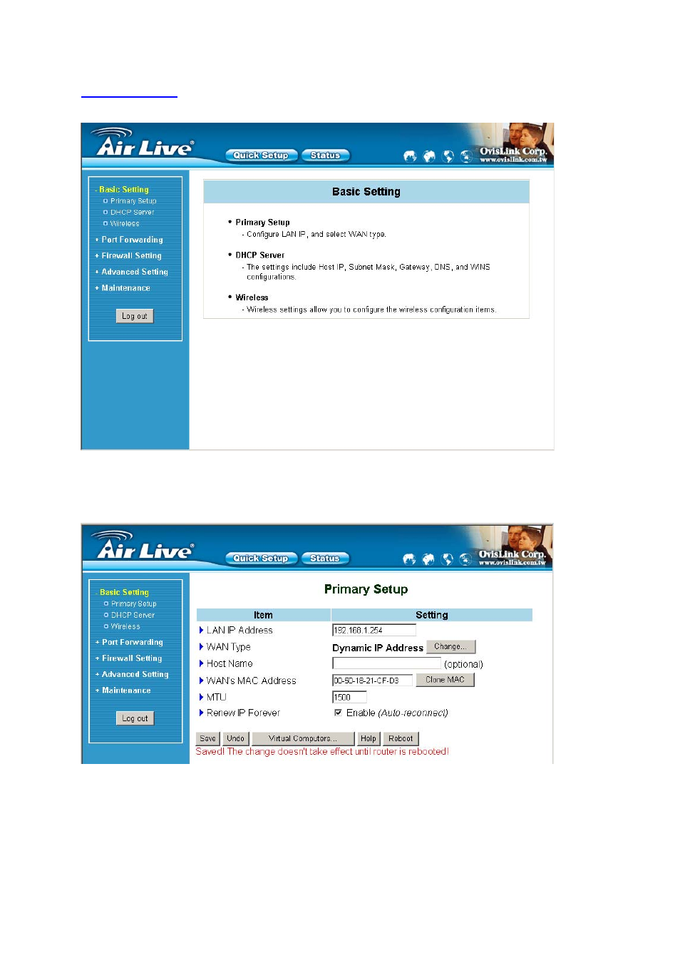 4 basic setting, 1 primary setup – wan type, virtual computers | AirLive WT-2000R User Manual | Page 15 / 99