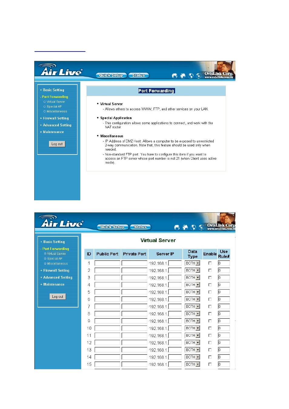 5 port forwarding, 1 virtual server | AirLive WT-2000R User Manual | Page 30 / 99