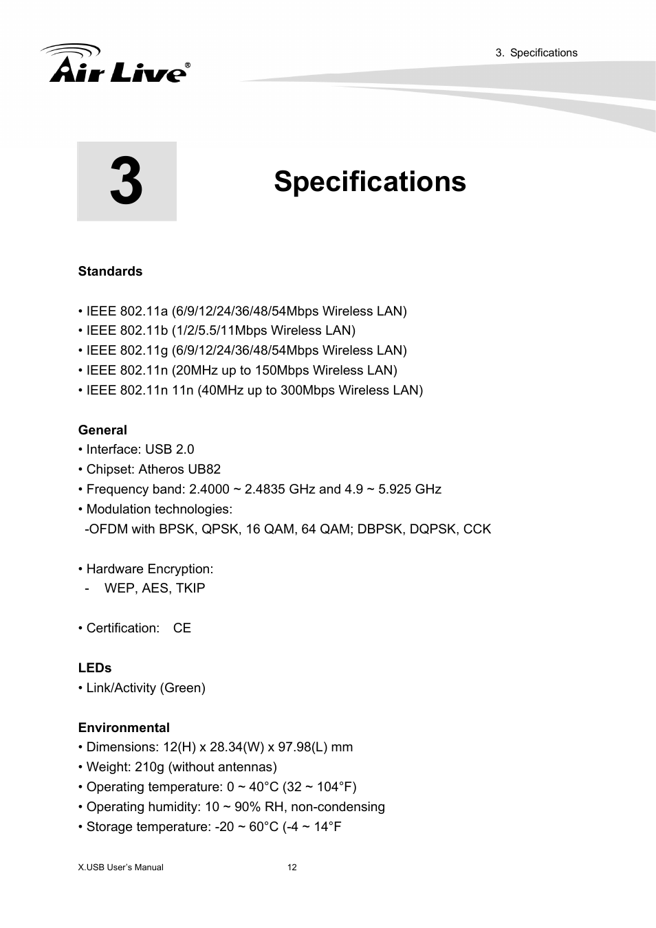 Specifications | AirLive X.USB User Manual | Page 17 / 36