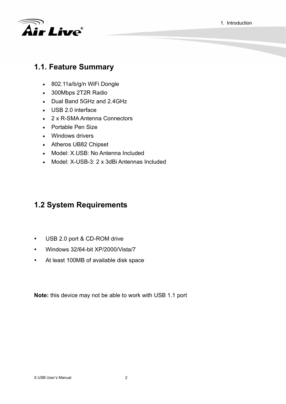 Feature summary, 2 system requirements, Feature summary 1.2 system requirements | AirLive X.USB User Manual | Page 7 / 36