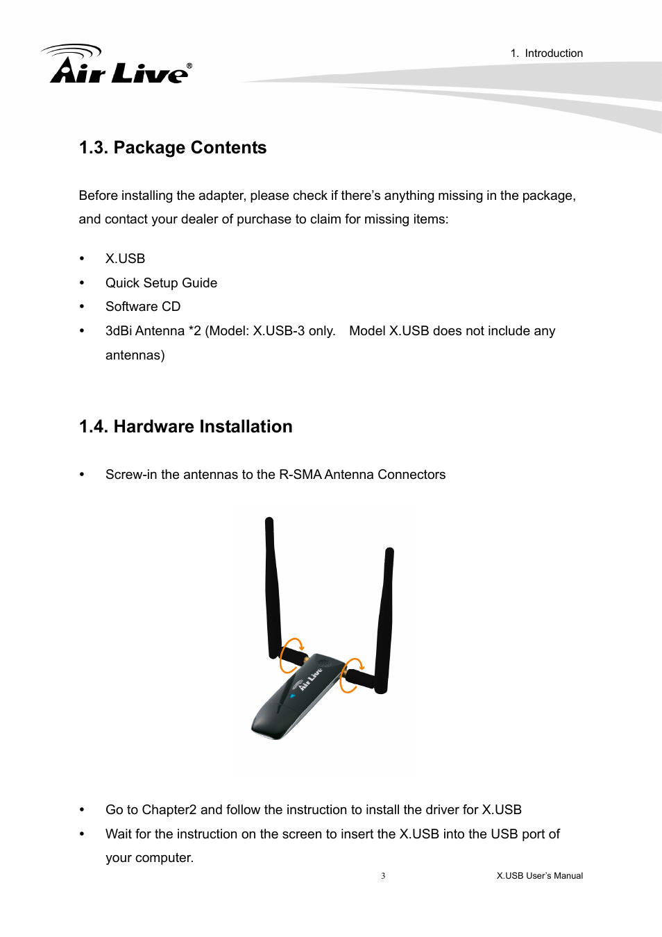 Package contents, Hardware installation, Package contents 1.4. hardware installation | AirLive X.USB User Manual | Page 8 / 36