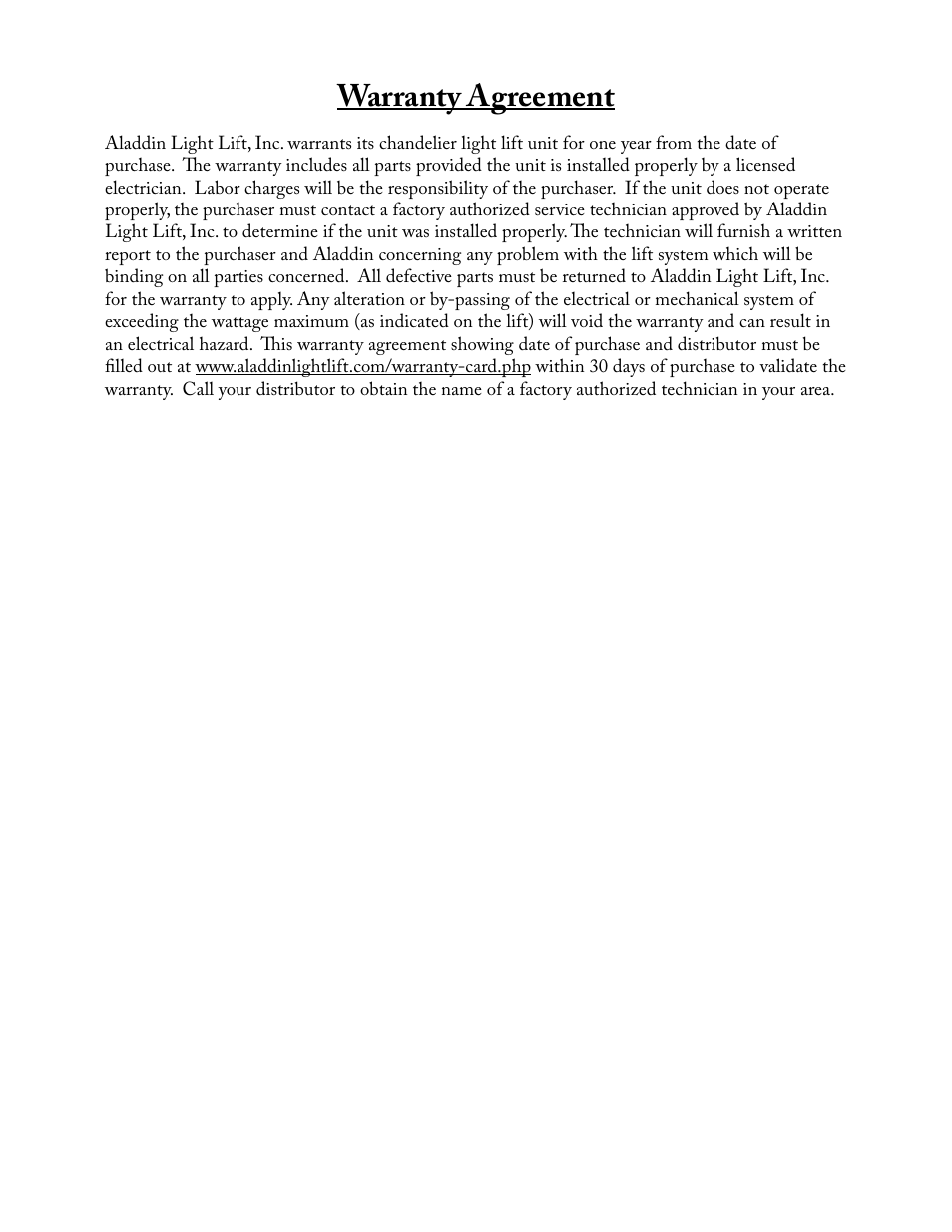 Warranty agreement | Aladdin Light Lift ALL200-CM User Manual | Page 14 / 14