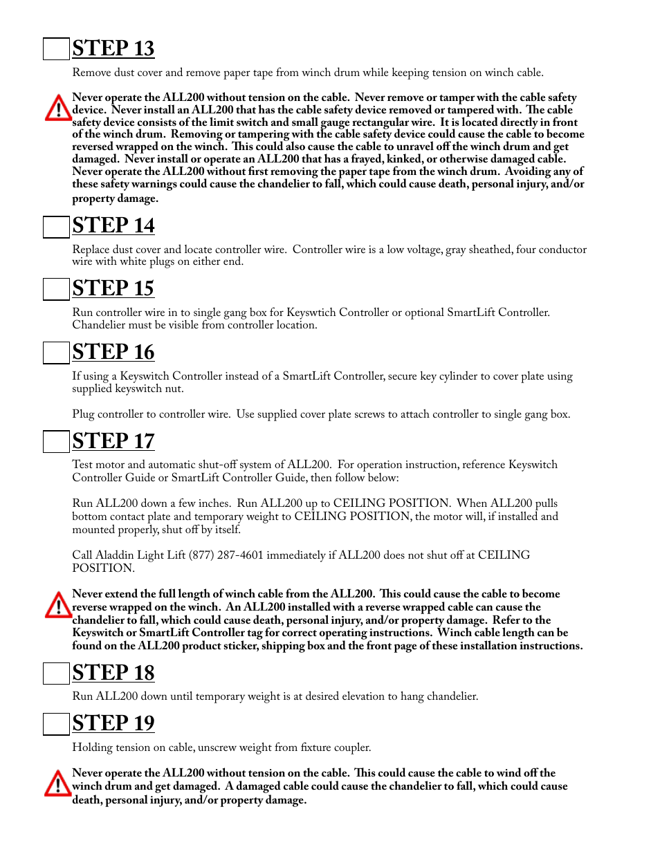 Step 13, Step 14, Step 15 | Step 16, Step 17, Step 18, Step 19 | Aladdin Light Lift ALL200-CM User Manual | Page 8 / 14