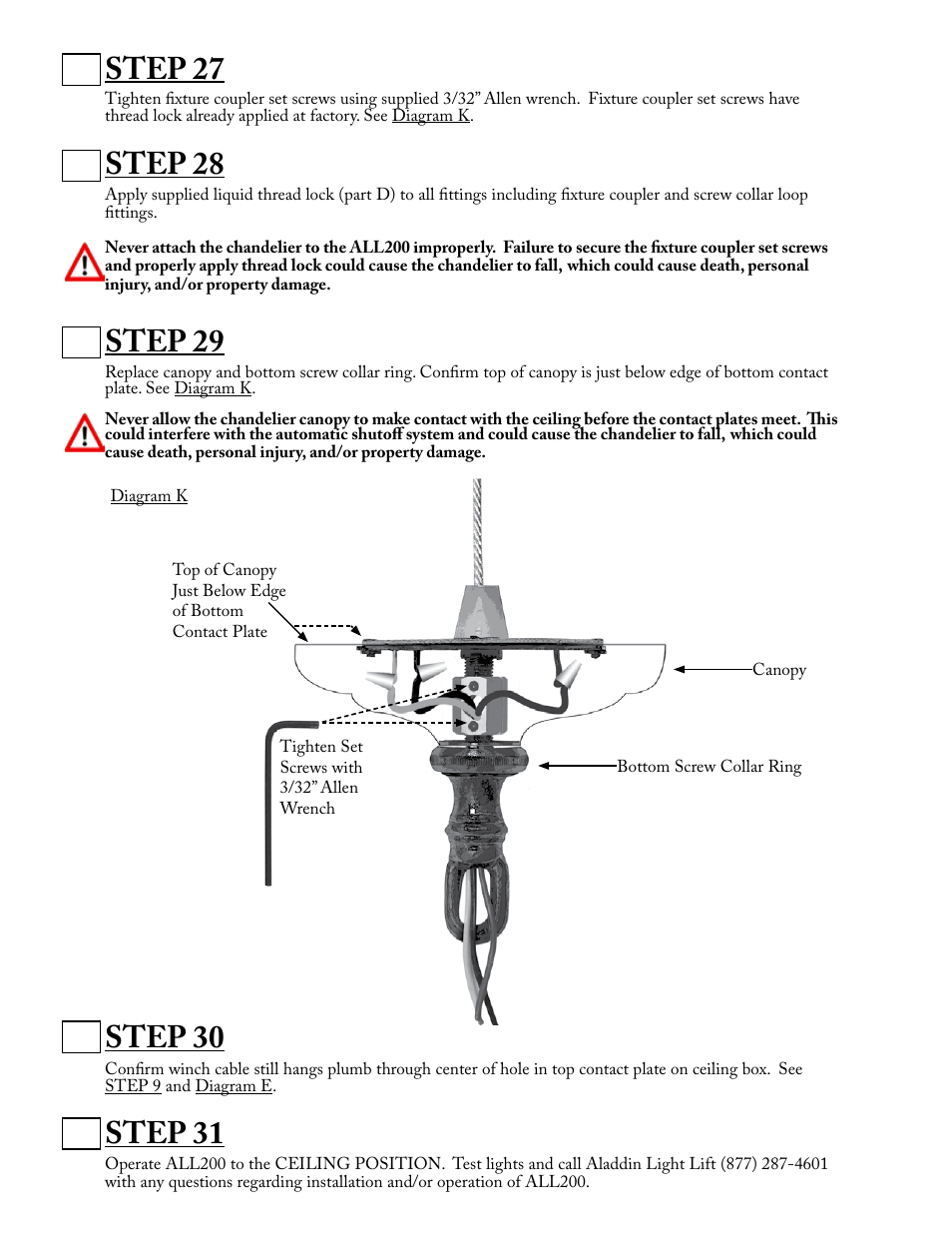 Step 27, Step 28, Step 29 | Step 30, Step 31 | Aladdin Light Lift ALL200-CM(Two Circuit Fixtures Only) User Manual | Page 11 / 13