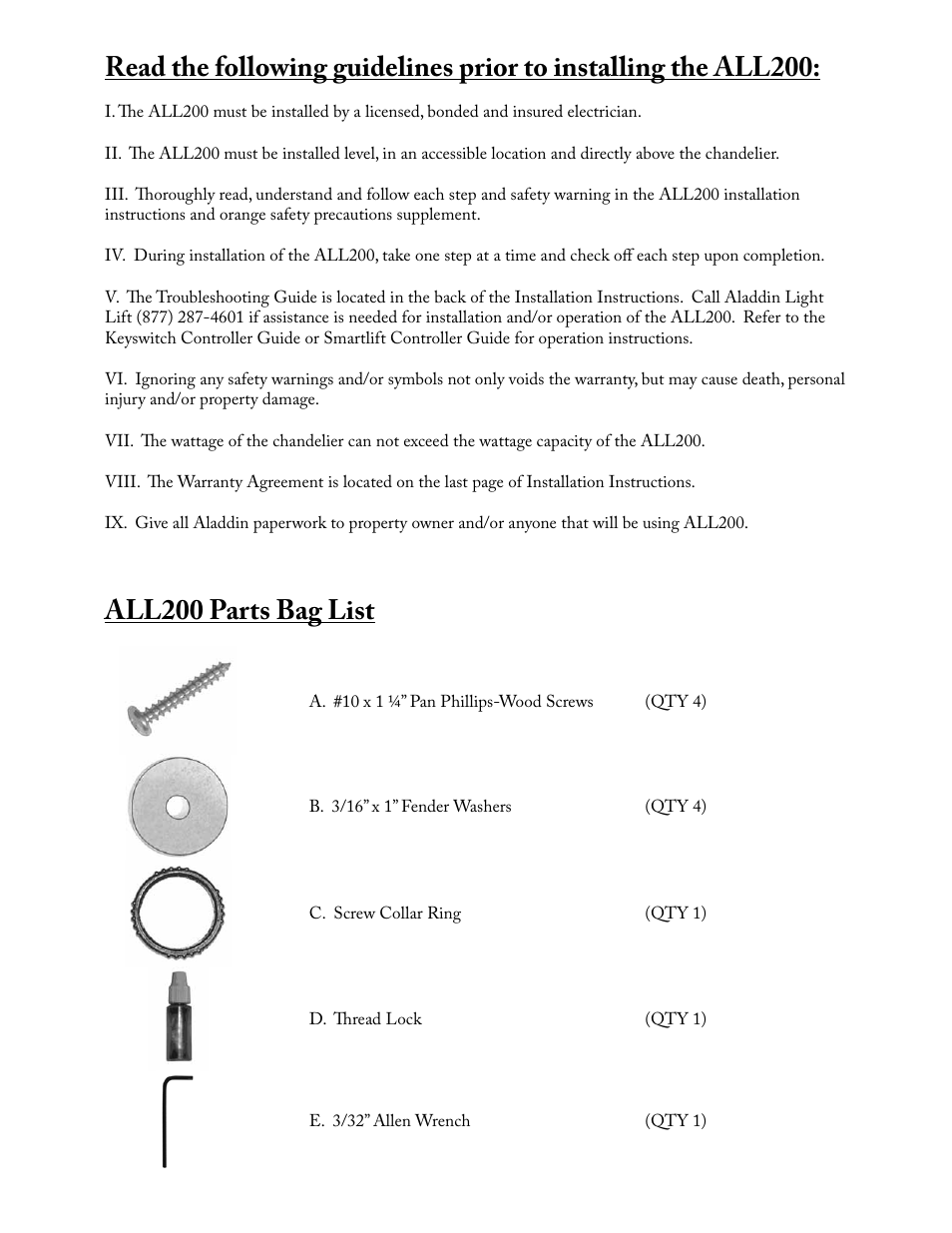 All200 parts bag list | Aladdin Light Lift ALL200-CM(Two Circuit Fixtures Only) User Manual | Page 2 / 13