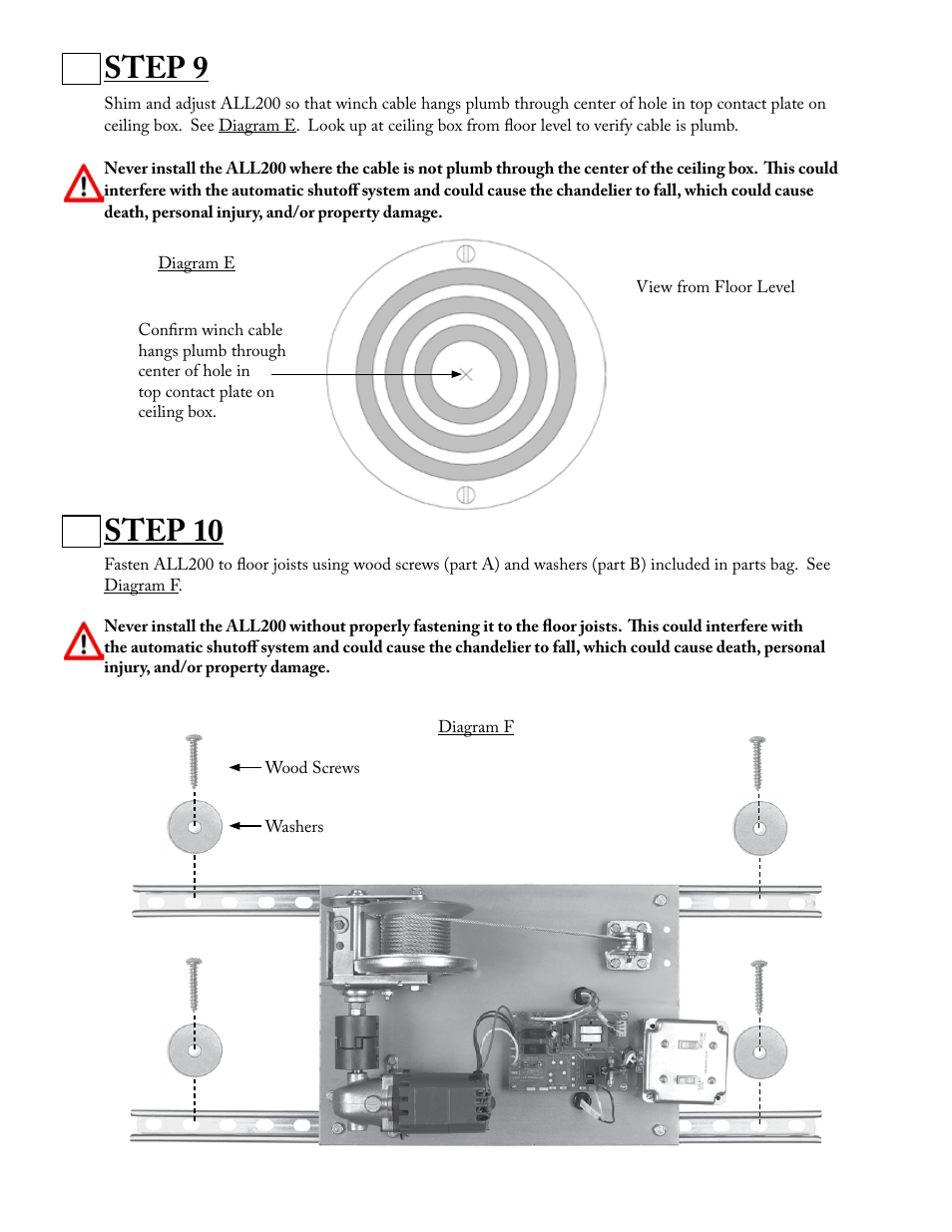 Step 9, Step 10 | Aladdin Light Lift ALL200-CM(Two Circuit Fixtures Only) User Manual | Page 6 / 13