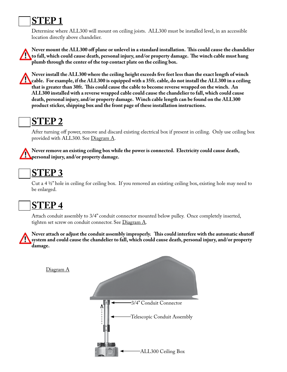 Step 1, Step 2, Step 3 | Step 4 | Aladdin Light Lift ALL300-CM(Two Circuit Fixtures Only) User Manual | Page 3 / 13