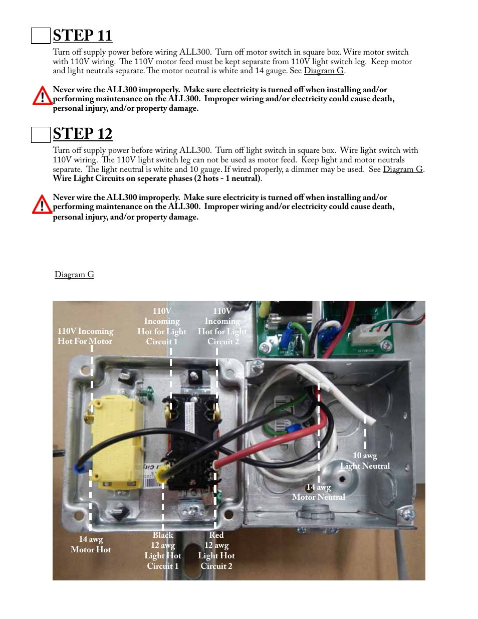 Step 11, Step 12 | Aladdin Light Lift ALL300-CM(Two Circuit Fixtures Only) User Manual | Page 7 / 13