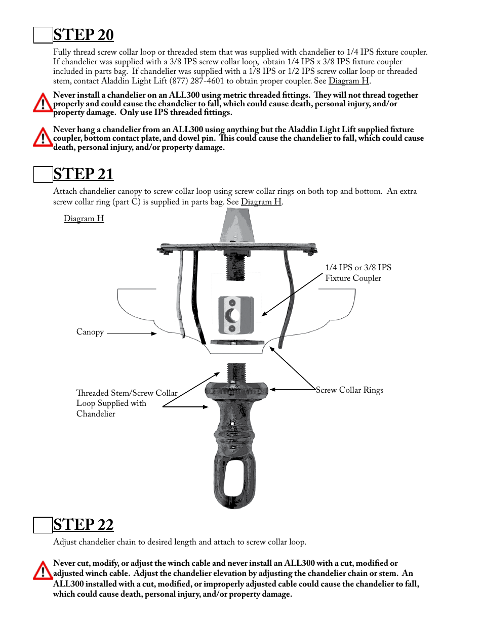 Step 20, Step 21, Step 22 | Aladdin Light Lift ALL300-CM(Two Circuit Fixtures Only) User Manual | Page 9 / 13