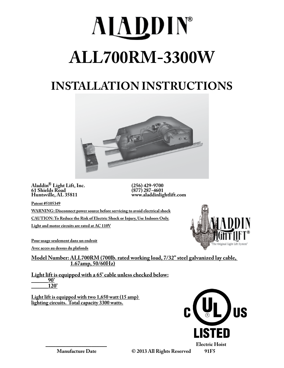 Aladdin Light Lift ALL700RM-CM(Two Circuit Fixtures Only) User Manual | 21 pages