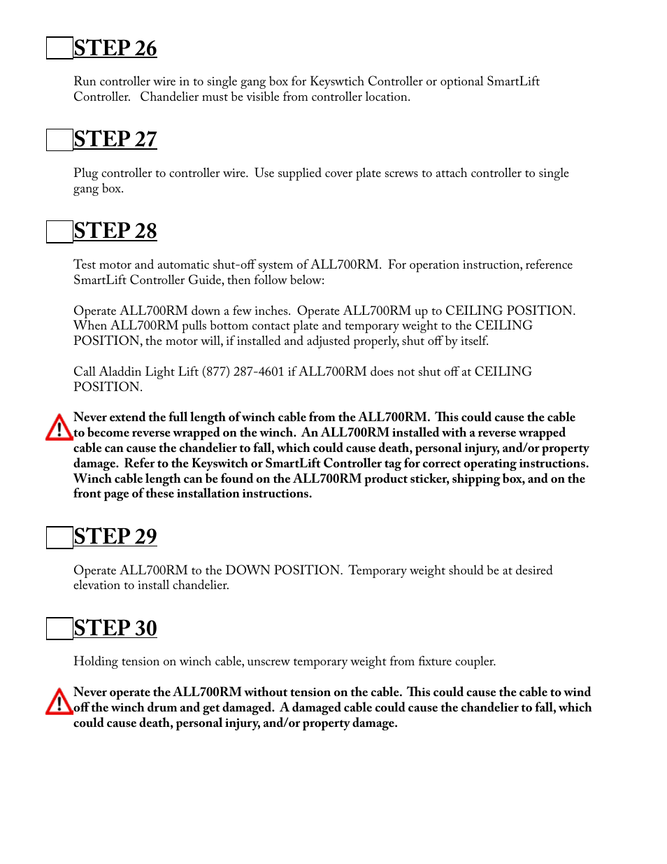 Step 26, Step 27, Step 28 | Step 29, Step 30 | Aladdin Light Lift ALL700RM-CM(Two Circuit Fixtures Only) User Manual | Page 15 / 21