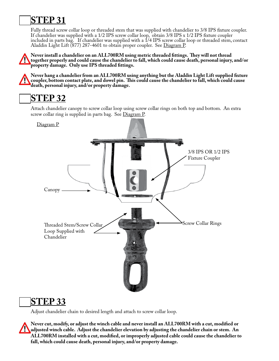 Step 31, Step 32, Step 33 | Aladdin Light Lift ALL700RM-CM(Two Circuit Fixtures Only) User Manual | Page 16 / 21