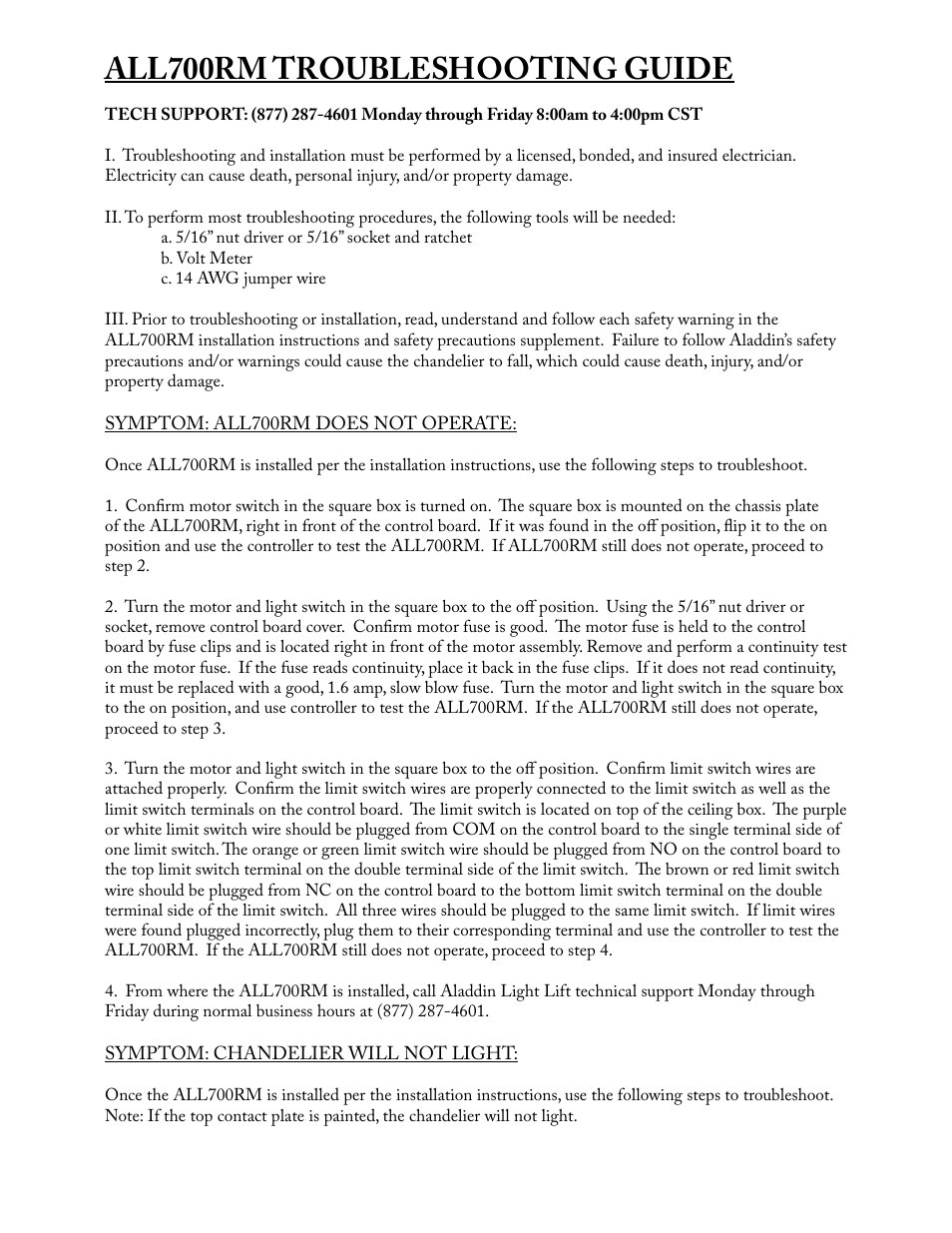 All700rm troubleshooting guide | Aladdin Light Lift ALL700RM-CM(Two Circuit Fixtures Only) User Manual | Page 20 / 21