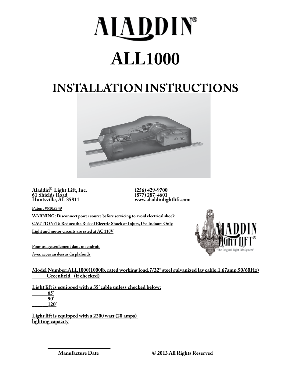 Aladdin Light Lift ALL1000-CM User Manual | 14 pages