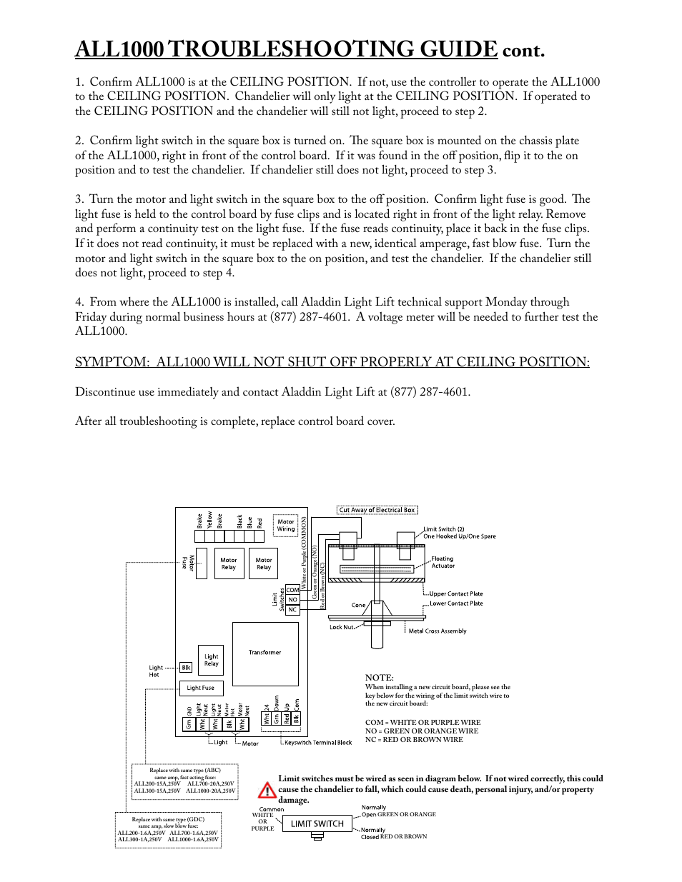 All1000 troubleshooting guide, Cont | Aladdin Light Lift ALL1000-CM User Manual | Page 13 / 14