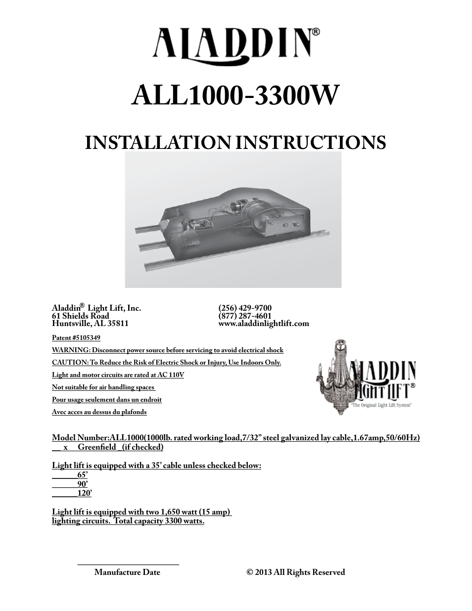 Aladdin Light Lift ALL1000-CM(Two Circuit Fixtures Only) User Manual | 13 pages