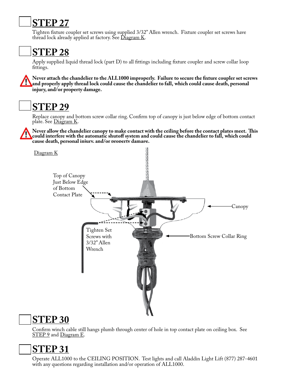 Step 27, Step 28, Step 29 | Step 30, Step 31 | Aladdin Light Lift ALL1000-CM(Two Circuit Fixtures Only) User Manual | Page 11 / 13