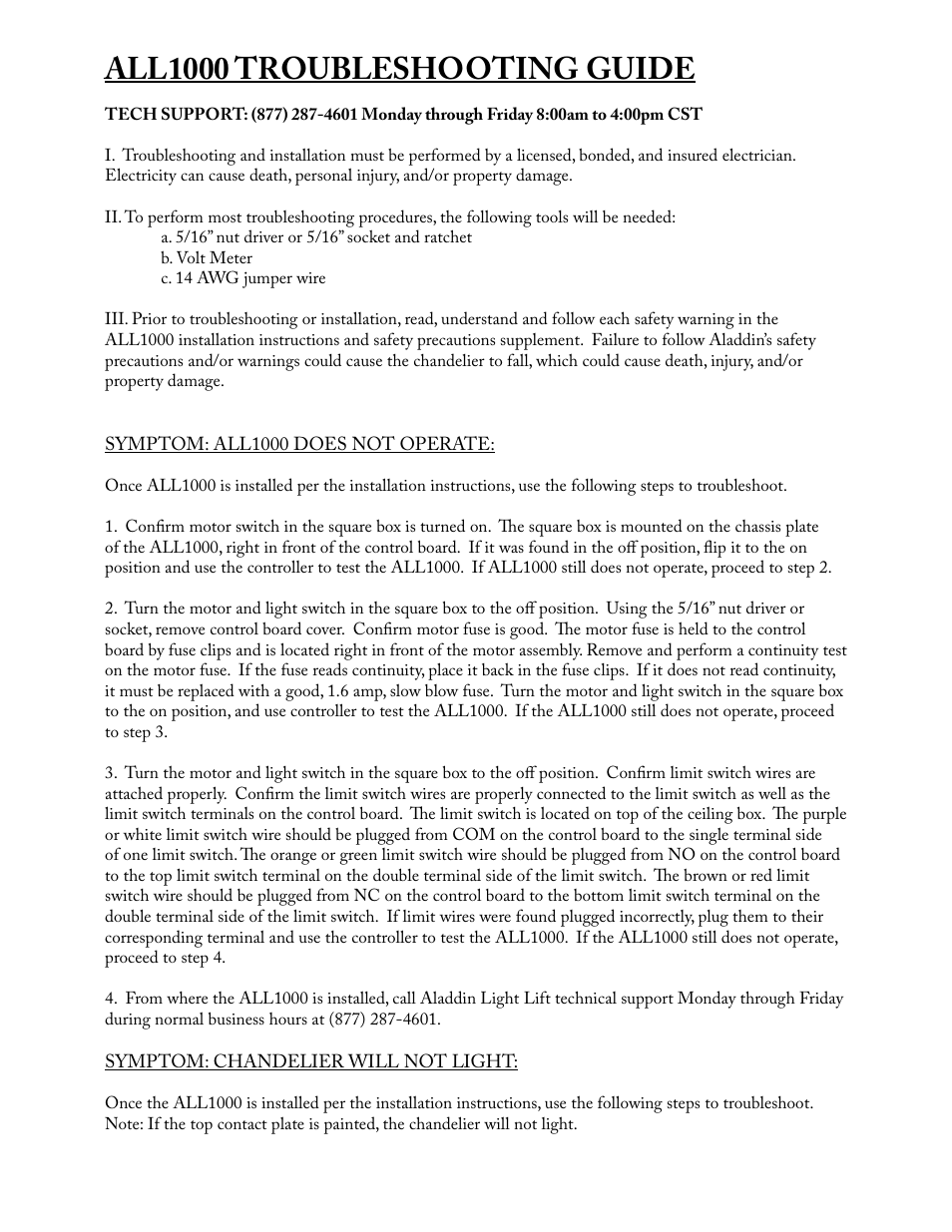 All1000 troubleshooting guide | Aladdin Light Lift ALL1000-CM(Two Circuit Fixtures Only) User Manual | Page 12 / 13