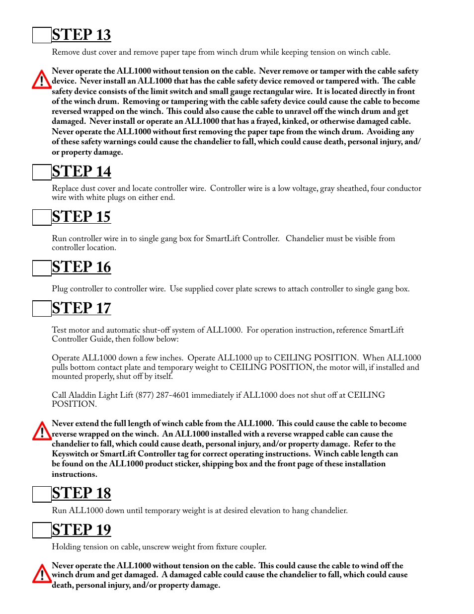 Step 13, Step 14, Step 15 | Step 16, Step 17, Step 18, Step 19 | Aladdin Light Lift ALL1000-CM(Two Circuit Fixtures Only) User Manual | Page 8 / 13
