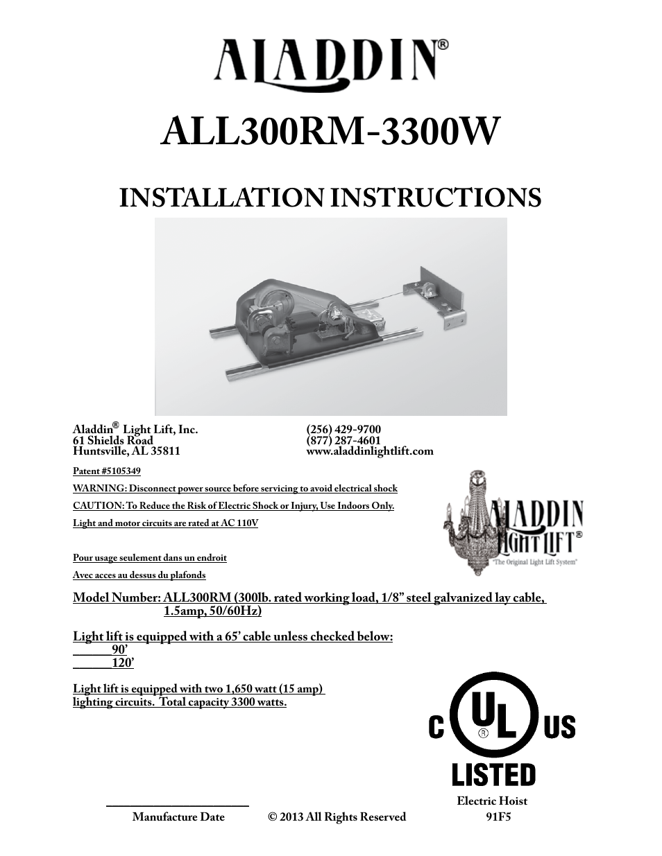 Aladdin Light Lift ALL300RM-CM(Two Circuit Fixtures Only) User Manual | 21 pages