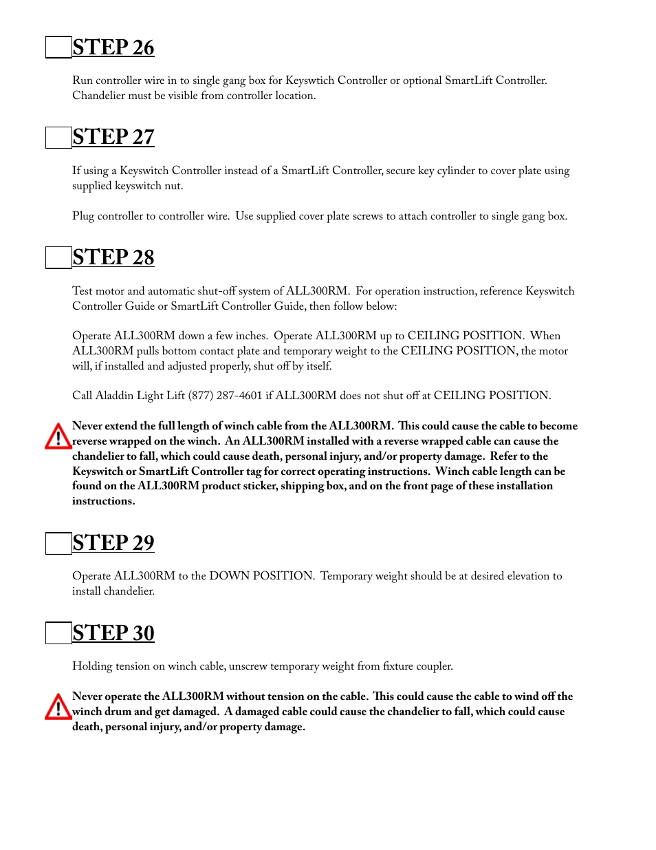 Step 26, Step 27, Step 28 | Step 29, Step 30 | Aladdin Light Lift ALL300RM-CM(Two Circuit Fixtures Only) User Manual | Page 15 / 21