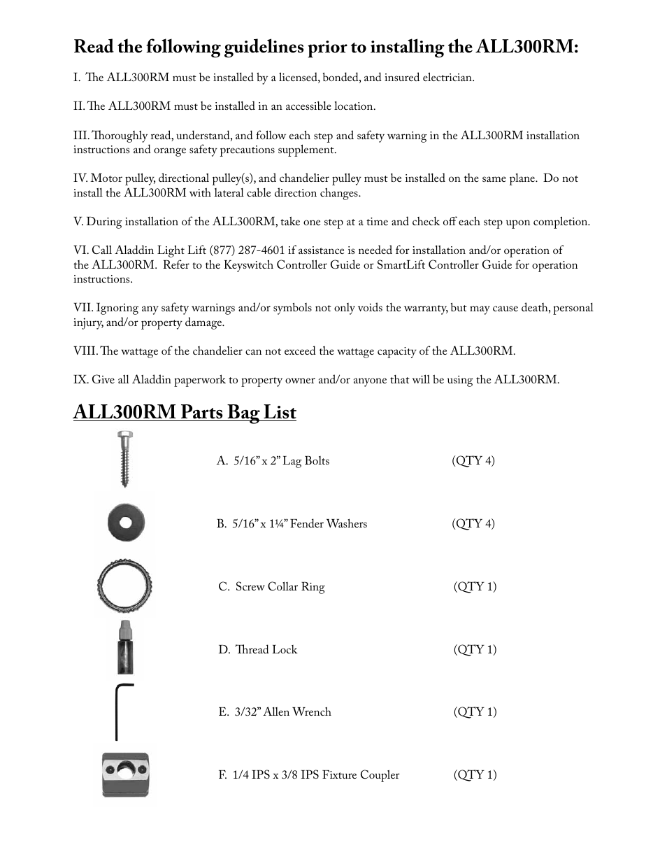 All300rm parts bag list | Aladdin Light Lift ALL300RM-CM(Two Circuit Fixtures Only) User Manual | Page 2 / 21