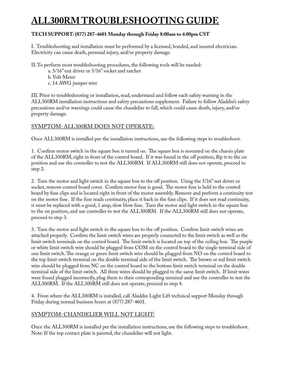 All300rm troubleshooting guide | Aladdin Light Lift ALL300RM-CM(Two Circuit Fixtures Only) User Manual | Page 20 / 21