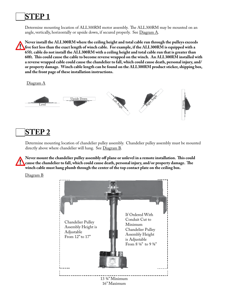 Step 1, Step 2 | Aladdin Light Lift ALL300RM-CM(Two Circuit Fixtures Only) User Manual | Page 4 / 21