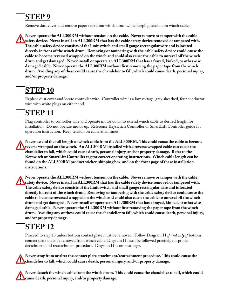 Step 9, Step 10, Step 11 | Step 12 | Aladdin Light Lift ALL300RM-CM(Two Circuit Fixtures Only) User Manual | Page 8 / 21