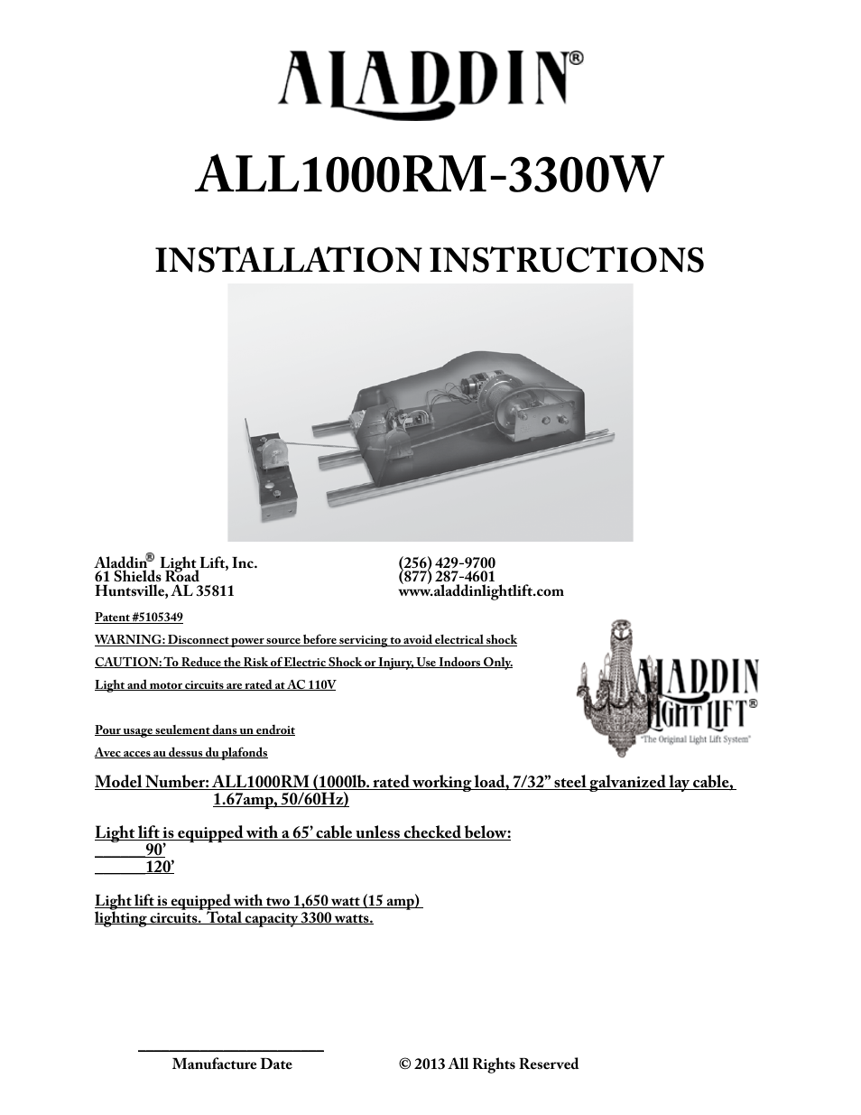 Aladdin Light Lift ALL1000RM-CM(Two Circuit Fixtures Only) User Manual | 21 pages