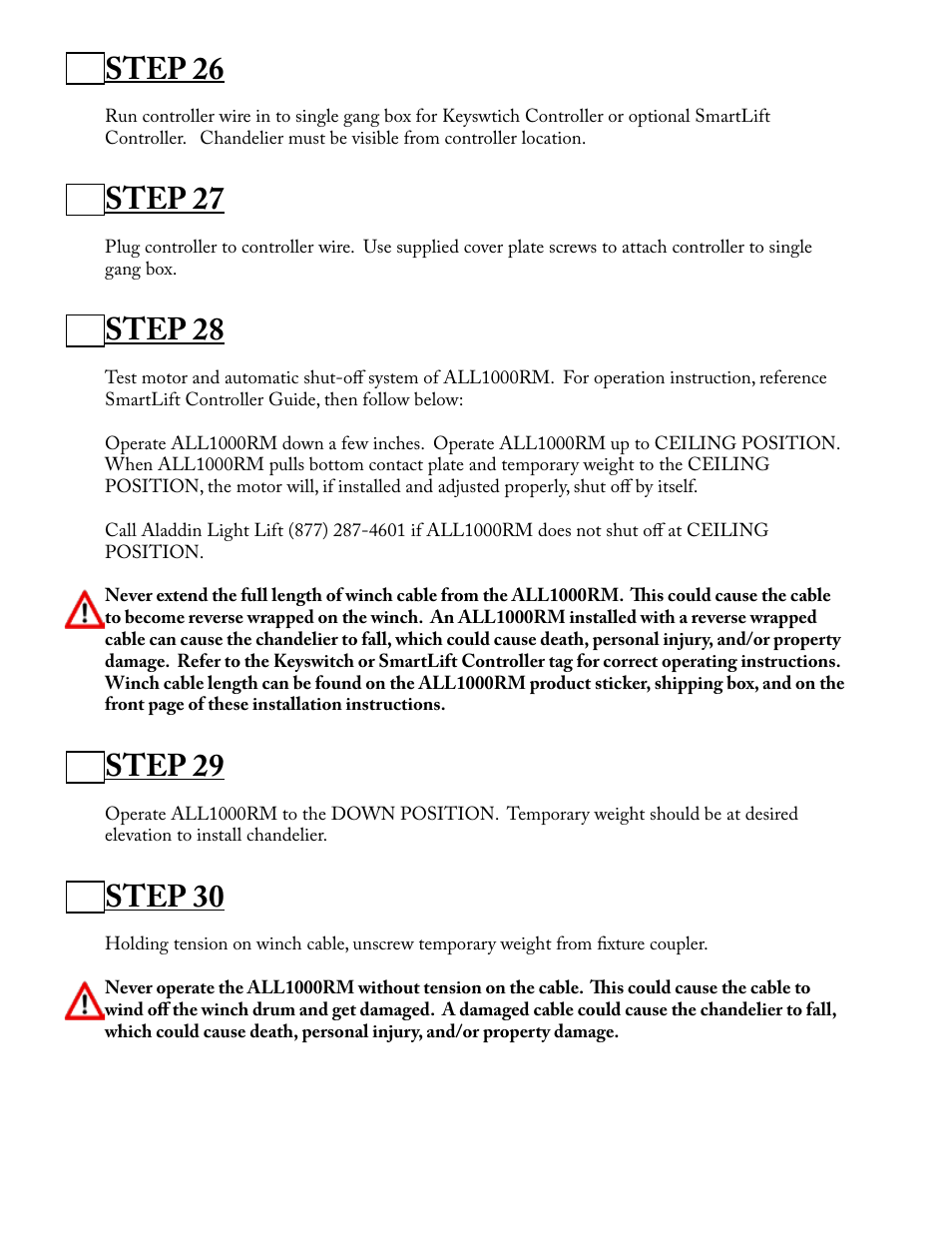 Step 26, Step 27, Step 28 | Step 29, Step 30 | Aladdin Light Lift ALL1000RM-CM(Two Circuit Fixtures Only) User Manual | Page 15 / 21