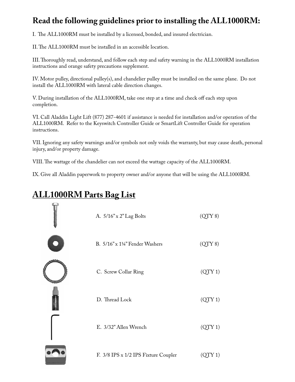 All1000rm parts bag list | Aladdin Light Lift ALL1000RM-CM(Two Circuit Fixtures Only) User Manual | Page 2 / 21