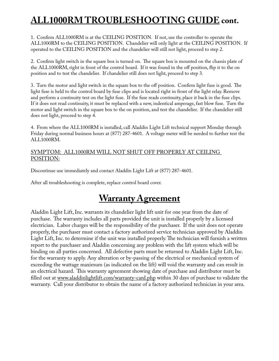 All1000rm troubleshooting guide, Warranty agreement, Cont | Aladdin Light Lift ALL1000RM-CM(Two Circuit Fixtures Only) User Manual | Page 21 / 21