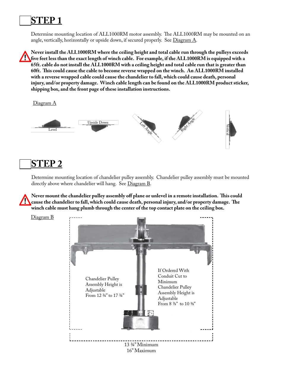 Step 1, Step 2 | Aladdin Light Lift ALL1000RM-CM(Two Circuit Fixtures Only) User Manual | Page 4 / 21