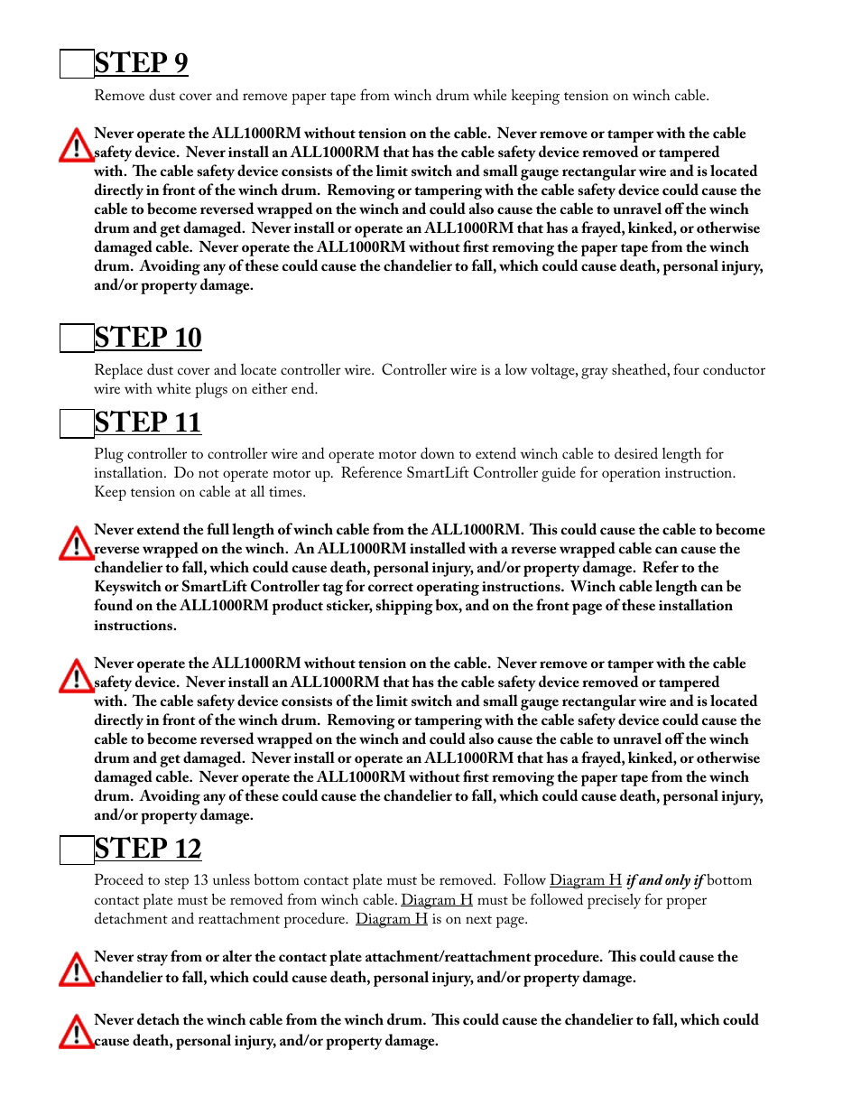 Step 9, Step 10, Step 11 | Step 12 | Aladdin Light Lift ALL1000RM-CM(Two Circuit Fixtures Only) User Manual | Page 8 / 21