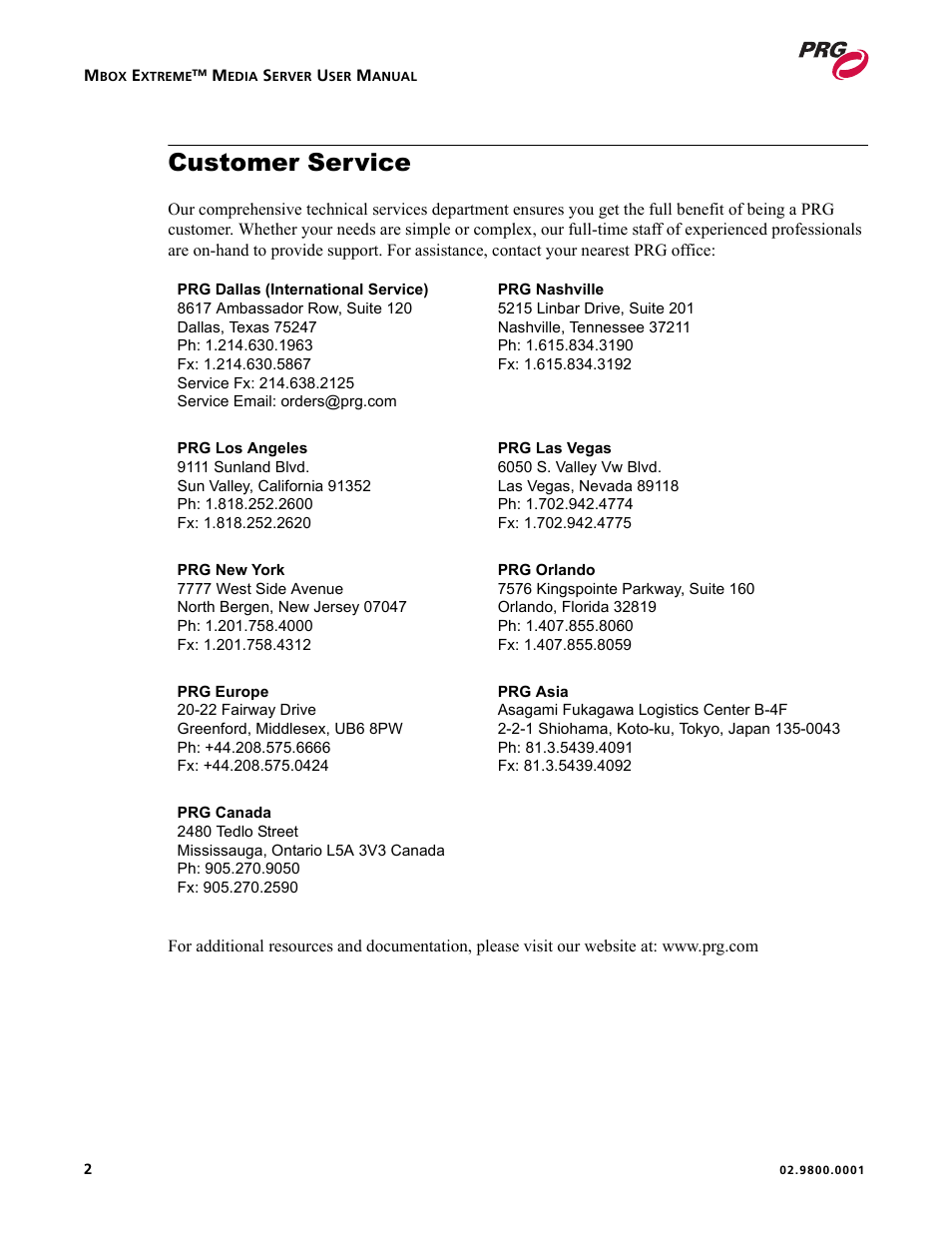 Customer service | PRG Mbox EXtreme User Manual | Page 10 / 84