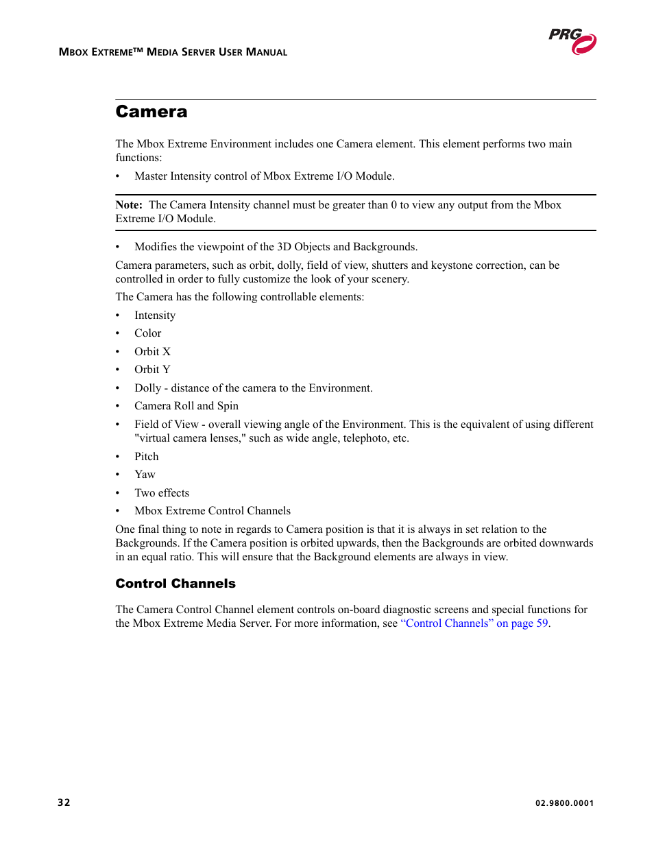 Camera, Control channels | PRG Mbox EXtreme User Manual | Page 40 / 84
