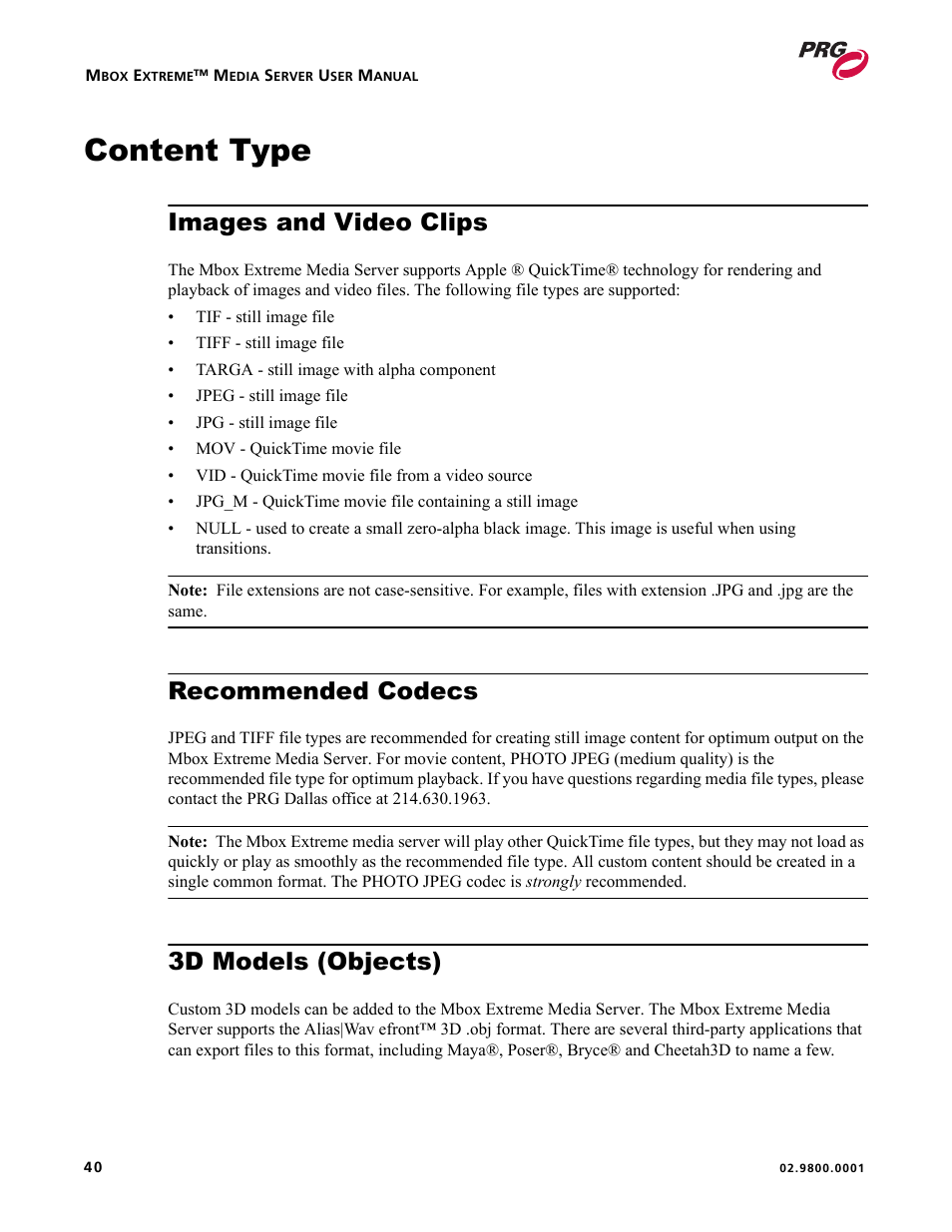 Content type, Images and video clips, Recommended codecs | 3d models (objects) | PRG Mbox EXtreme User Manual | Page 48 / 84