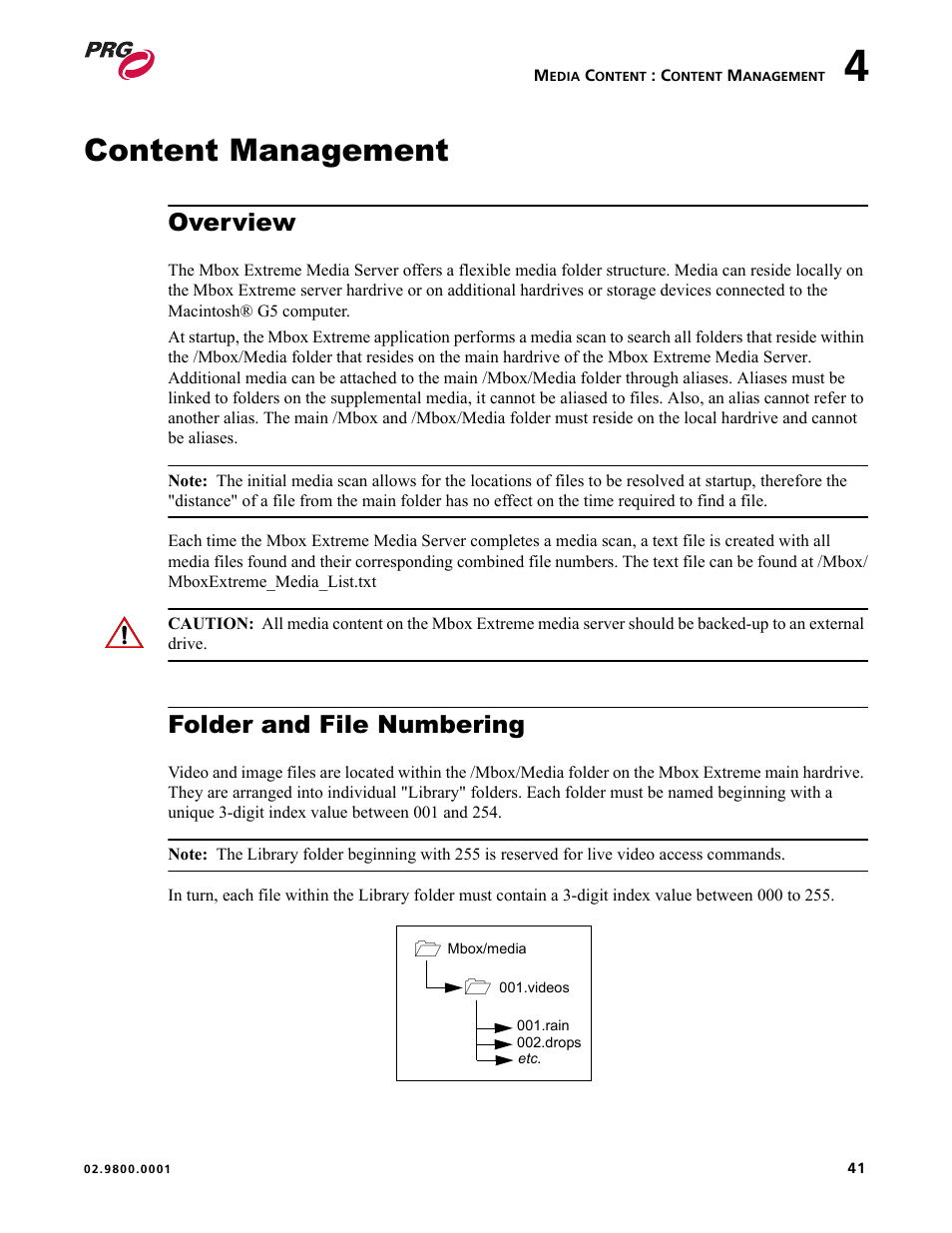 Content management, Overview, Folder and file numbering | Overview folder and file numbering | PRG Mbox EXtreme User Manual | Page 49 / 84