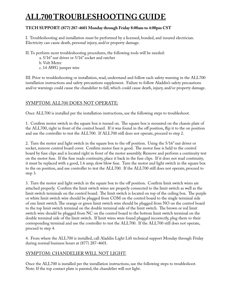 All700 troubleshooting guide | Aladdin Light Lift ALL700-CM(Two Circuit Fixtures Only) User Manual | Page 12 / 13