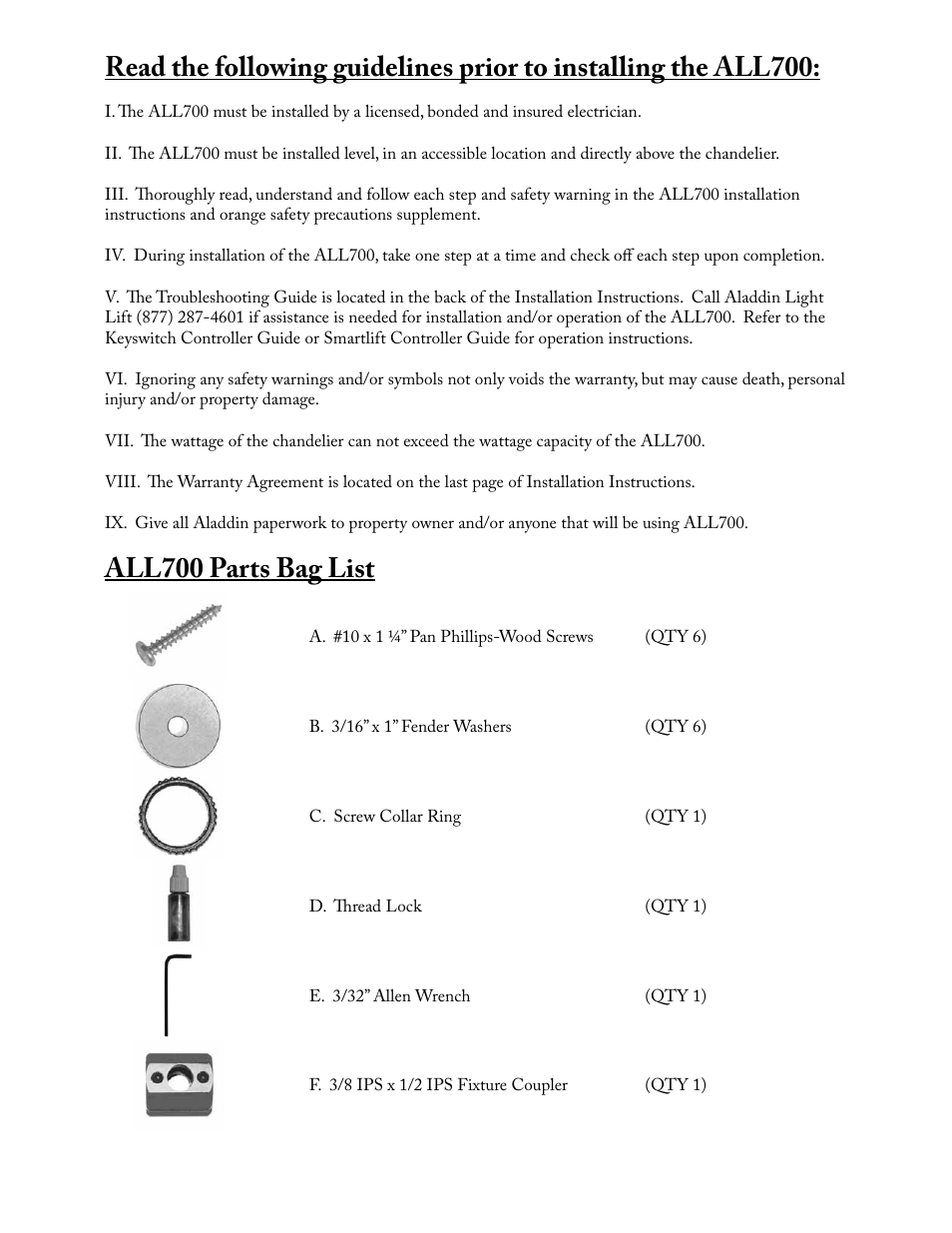 All700 parts bag list | Aladdin Light Lift ALL700-CM(Two Circuit Fixtures Only) User Manual | Page 2 / 13