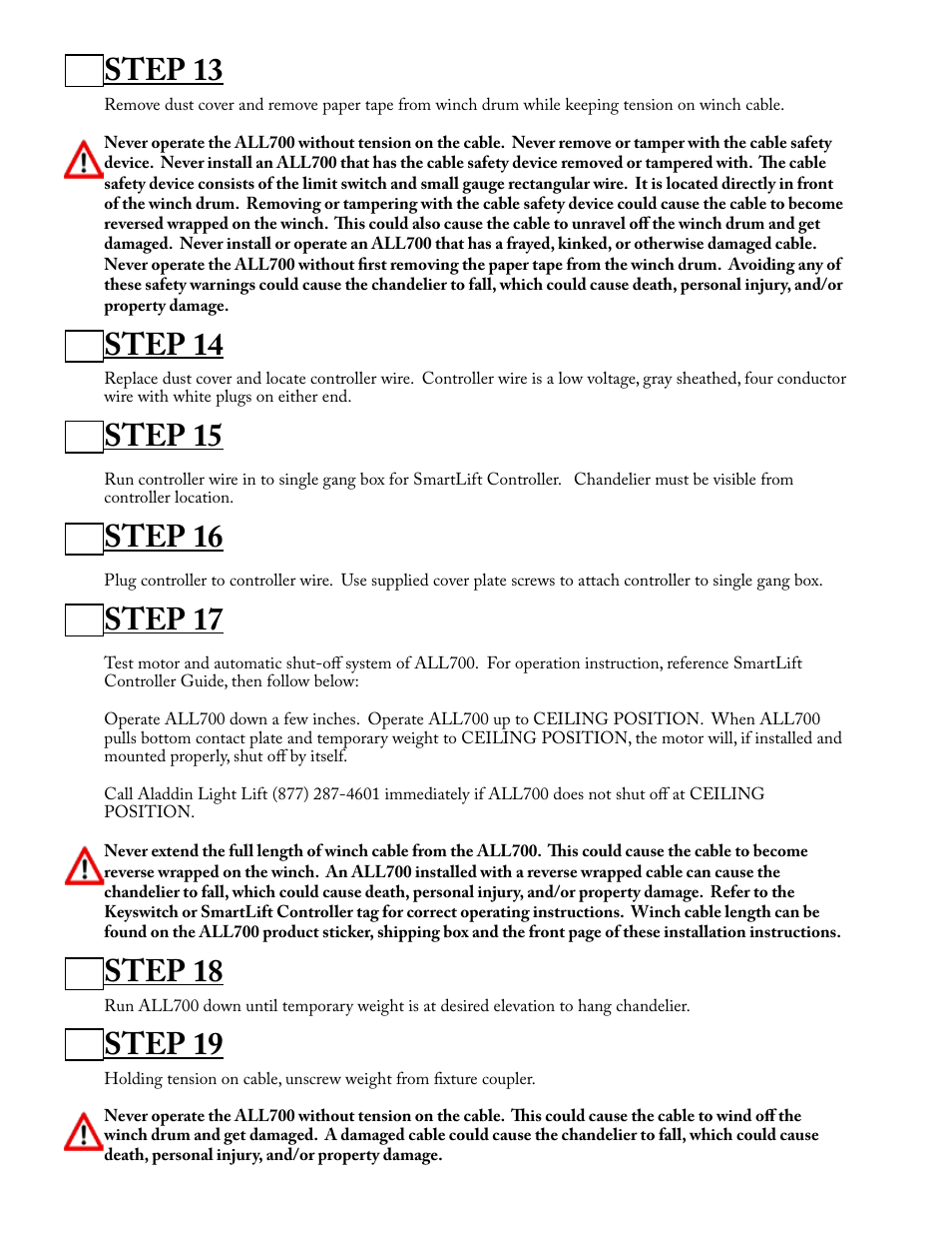 Step 13, Step 14, Step 15 | Step 16, Step 17, Step 18, Step 19 | Aladdin Light Lift ALL700-CM(Two Circuit Fixtures Only) User Manual | Page 8 / 13