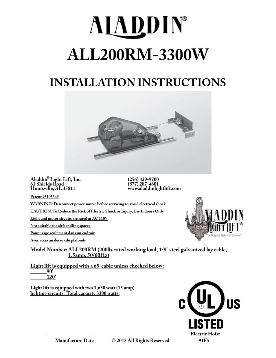 Aladdin Light Lift ALL200RM-CM(Two Circuit Fixtures Only) User Manual | 21 pages
