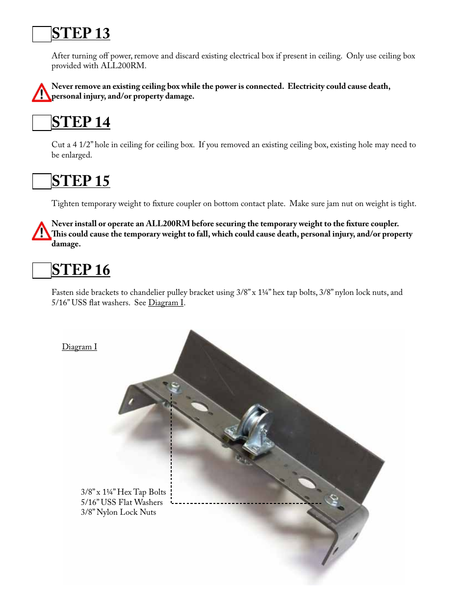 Step 13, Step 14, Step 15 | Step 16 | Aladdin Light Lift ALL200RM-CM(Two Circuit Fixtures Only) User Manual | Page 10 / 21