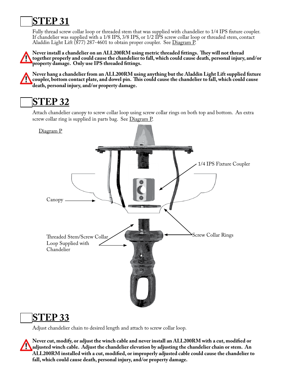 Step 31, Step 32, Step 33 | Aladdin Light Lift ALL200RM-CM(Two Circuit Fixtures Only) User Manual | Page 16 / 21