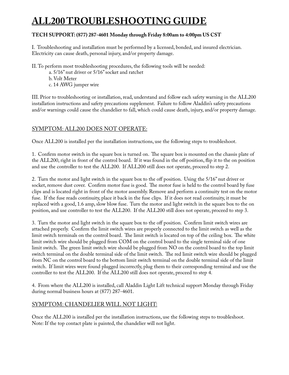 All200 troubleshooting guide | Aladdin Light Lift ALL200-CM-240V User Manual | Page 12 / 13