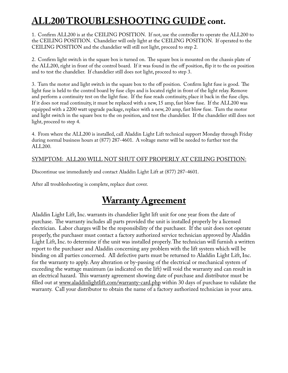 All200 troubleshooting guide, Warranty agreement, Cont | Aladdin Light Lift ALL200-CM-240V User Manual | Page 13 / 13