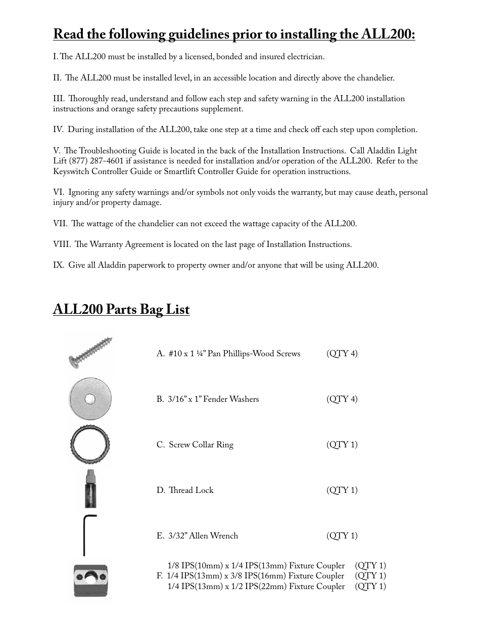 All200 parts bag list | Aladdin Light Lift ALL200-CM-240V User Manual | Page 2 / 13