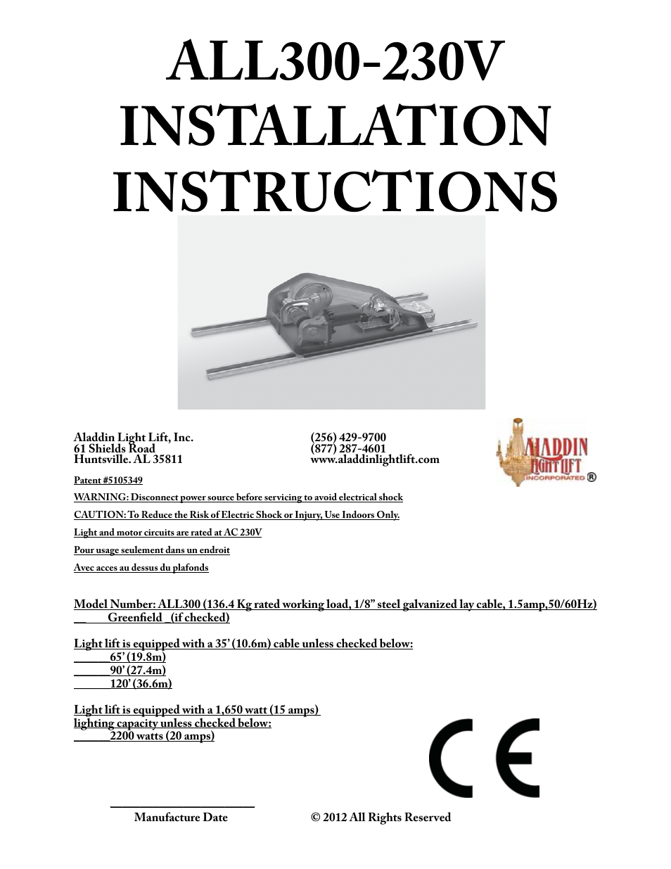Aladdin Light Lift ALL300-CM-240V User Manual | 13 pages
